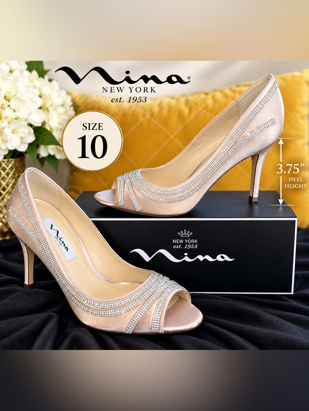 Nina New York Women's Rylinn Taupe Satin Crystal Peep-Toe Heels